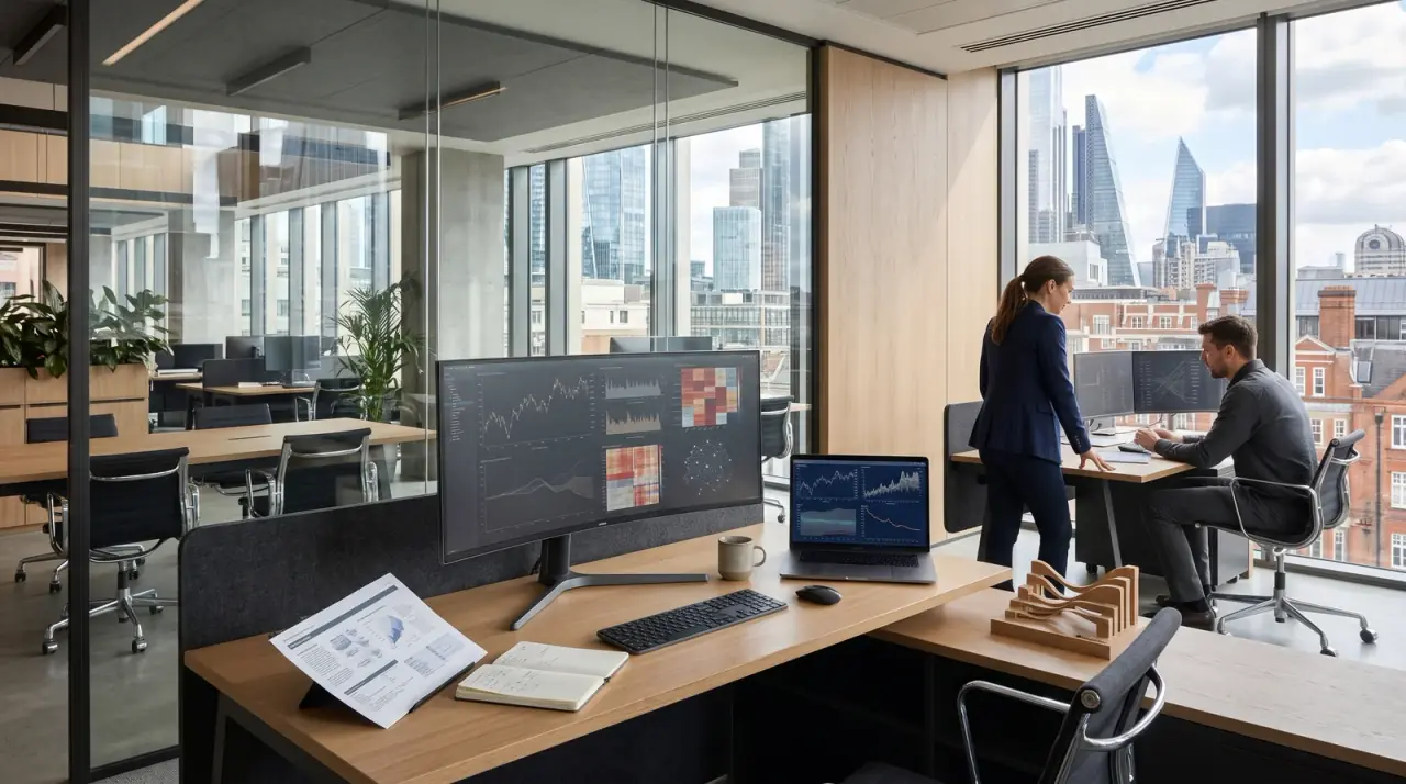 Bureau vitré avec écrans de graphiques, documents et vue urbaine ; deux personnes travaillent au fond